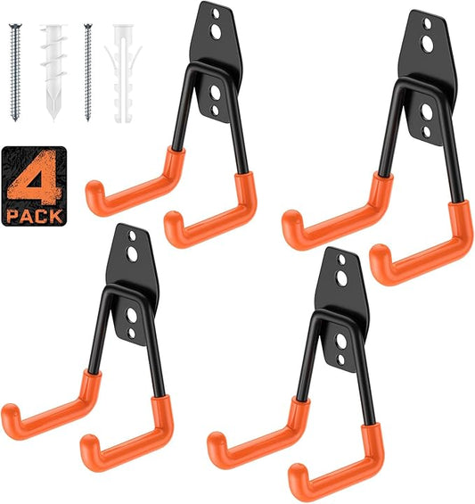 Garage Hooks with Anti-Slip Coating,Heavy Duty Wall Mount Storage Hooks for Hanging Bike,Hose,Ladder,Yard,Garden Tools (4 Pack Orange 4.5x2.75 inch)