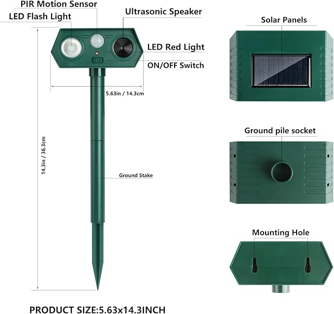 2Pack 2025 Ultrasonic Animal Repellent Outdoor Deer Repellent Devices Solar Animal Repeller Motion Activated Deterrent to Scare Cat Squirrel Rabbit Raccoon Skunk with LED Flash Lights for Yard Lawn