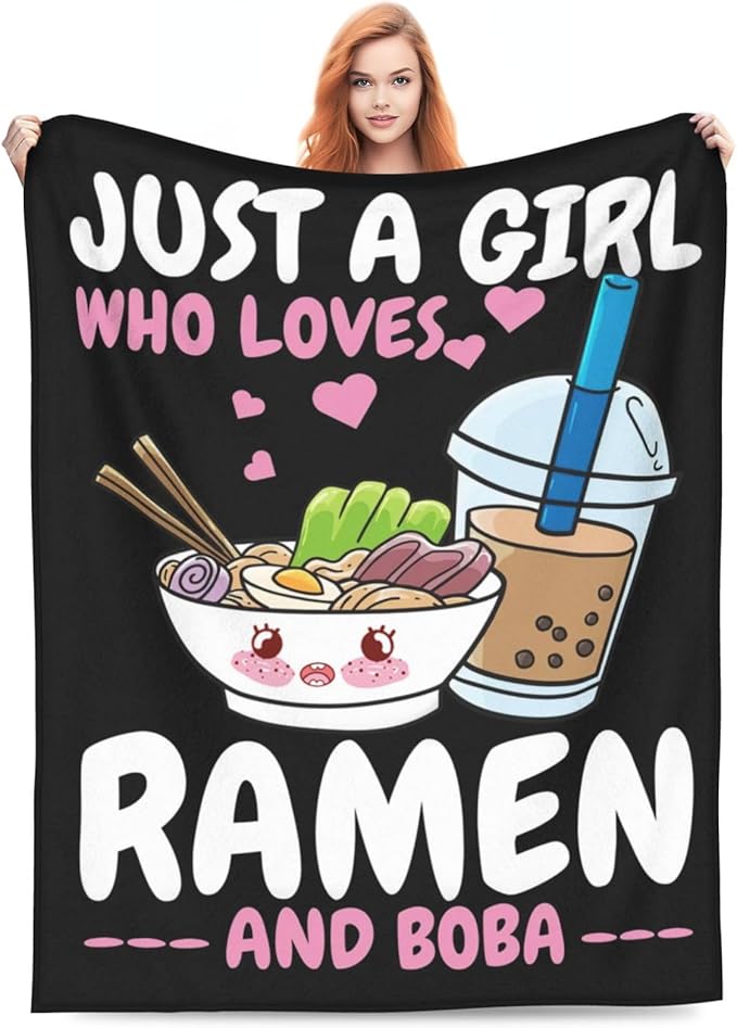 Ramen Blanket Just A Girl Who Loves Ramen and Boba Throw Blanket Super Warm Soft Plush Lightweight Fleece Flannel Ramen Noodles Blanket Gifts for Girls Baby Kids Women for Sofa Couch Bedding 50"X60"