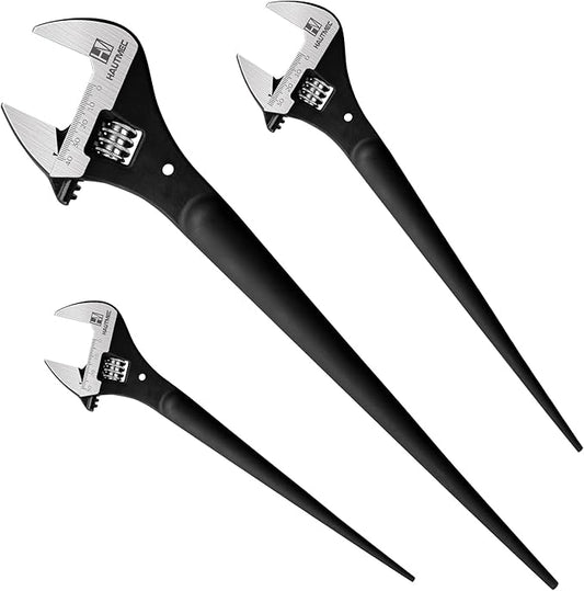 HAUTMEC 3 PCS Adjustable Spud Wrench Set, 10"&12"&16" Adjustable Spud Wrenches Set with Tail Pry Bar Features, Black Oxide Finish, Forged CR-V Steel Metric & SAE Scales with Tether Hole HTASM25019