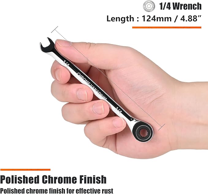 Egofine 1/4 inch Ratcheting Combination Wrench SAE, Industrial Grade Gear Spanner with 12-Point Design, 72-Tooth Ratchet, Chrome Vanadium Steel
