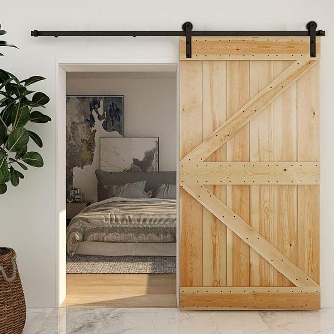CCJH 19FT Single Sliding Barn Door Hardware Kit Black Carbon Steel Hanger Flat Track System for Closet Kitchen 1 Door 114 inch Wide, Smoothly and Quietly I Shape Roller