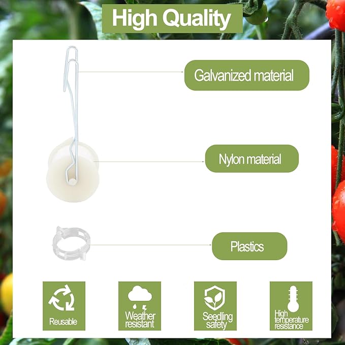 20PCS Tomato Roller Hooks with 49.21FT String and 200PCS Tomato Support Clips for Tomato,Plant, Greenhouse,Flower Vine Twine Crop Greenhouse Trellising Kit