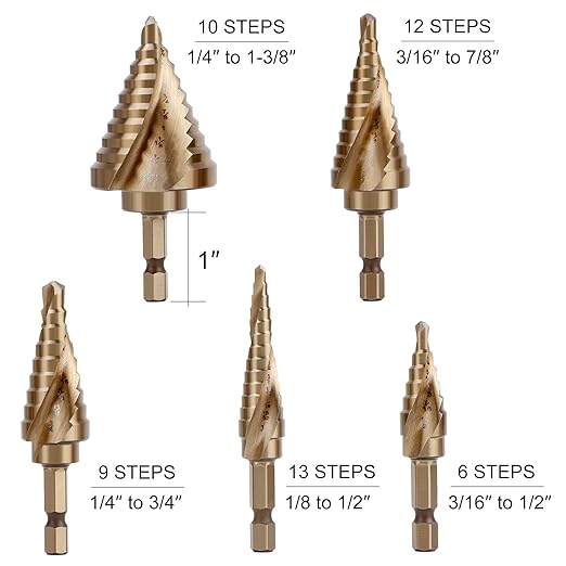 COMOWARE 5PCS M35 Cobalt Step Drill Bit Set with 1/4" Hex Shank, Automatic Center Punch, Two Spiral Flute Impact Design, Ideal for Metal, Stainless Steel, Wood, Plastic