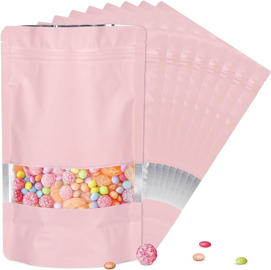 7.1"x10.2" 1 Quart 120pcs Mylar Bags for Food Storage,Smell Proof Bag with Matte Window Resealable Food Storage Bags for Small Business, Stand-up Foil Pouch Packaging Freeze Dried Candy Bag(Pink)