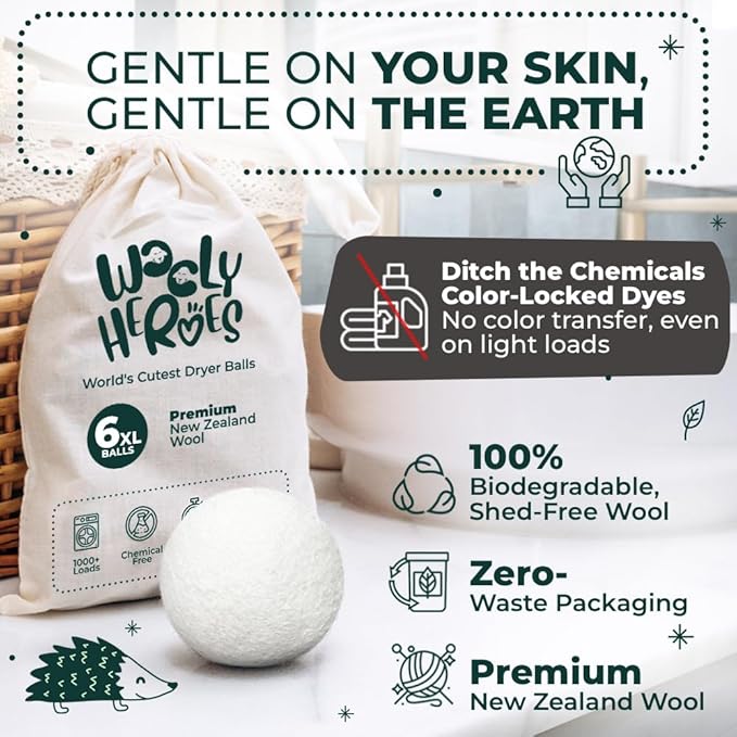 No More Dryer Sheets! Reusable Wool Dryer Balls XL 6-Pack - Reduces Static, Cuts Dry Time, & Softens Naturally