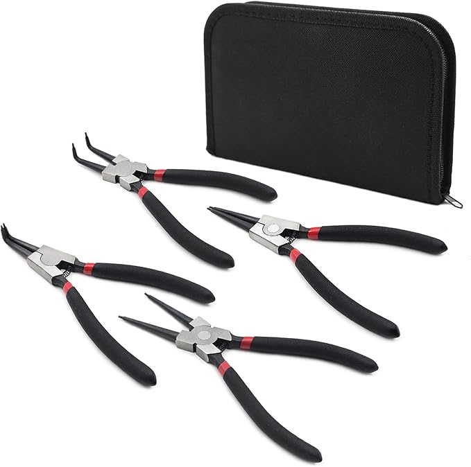 4 Pack 7" Snap Ring Pliers Set with Storage Pouch, Heavy Duty Internal/External Circlip Pliers Kit with Straight/Bent Jaw, Precision Spring Loaded Pliers for Ring Remover Retaining