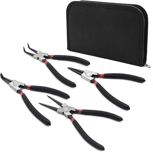 4 Pack 7" Snap Ring Pliers Set with Storage Pouch, Heavy Duty Internal/External Circlip Pliers Kit with Straight/Bent Jaw, Precision Spring Loaded Pliers for Ring Remover Retaining