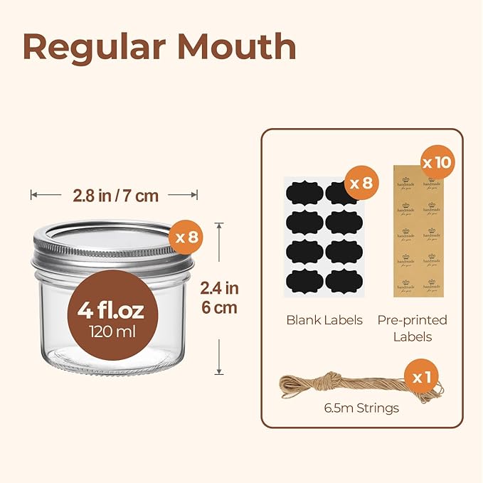 ComSaf Mini Mason Jars 4oz - 8 Pack, Regular Mouth Mason Jar with Lids and Seal Bands, Small Glass Canning Jar for Spice, Jam, Honey, Jelly, Dessert, Shower Wedding Favors, DIY Candles Decor