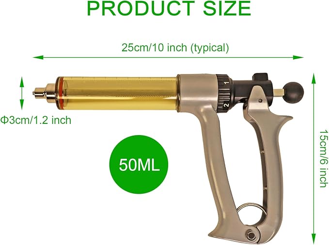 50ML Semi Automatic Livestock Syringe, 5 Gears Adjustable Continuous Repeating Luer Lock Syringe for Farm Ranch Cattle Cow Horse Goat Sheep Hog