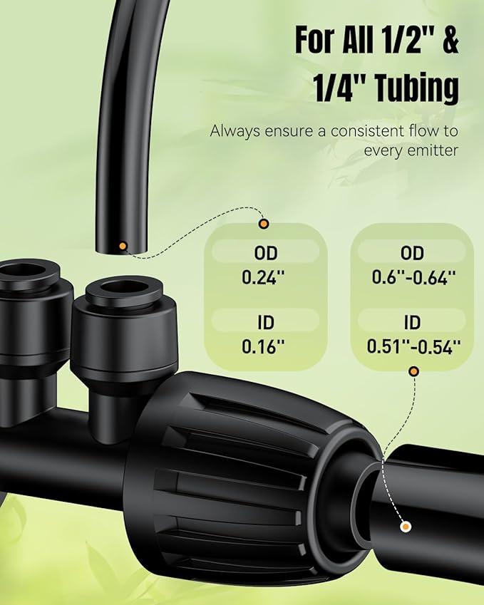 Pawfly 12 Pcs 1/2'' to 1/4'' Drip Irrigation Fittings, 4-Way Barbed Tee Quick Connectors with Anti-Drop Locked Nuts, Push-to-Fit Drip Irrigation Parts for Garden Lawn, Anti-Leak Reducing Tees