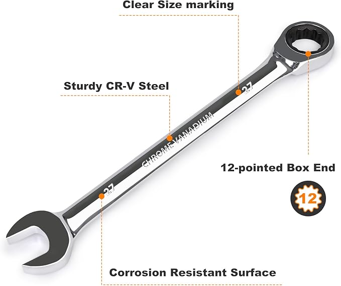 Egofine 27mm Ratcheting Combination Wrench Metric, Industrial Grade Gear Spanner with 12-Point Design, 72-Tooth Ratchet, Chrome Vanadium Steel