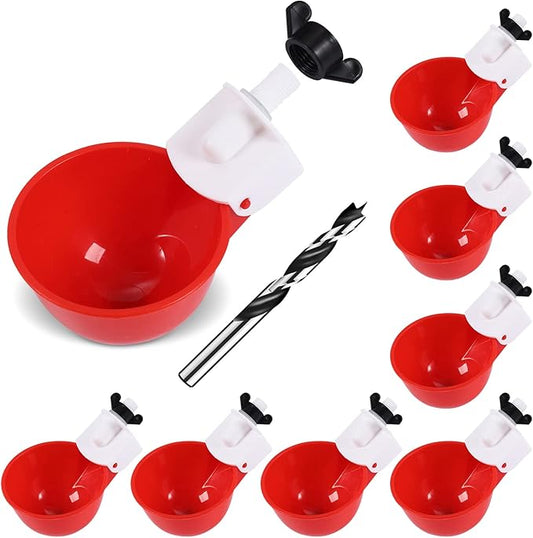 Chicken Waterer Cups (8 Pack/Red) - DIY Automatic Large Chicken Water Feeder for Ducks,Chicks, Turkeys, Quail, Bunny, Bird and Other Various Poultry Dispenser with Matching Drill