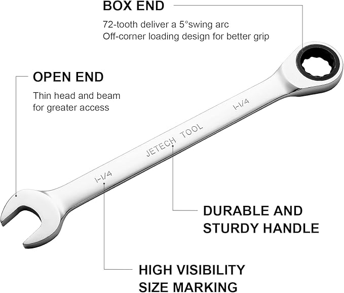 Jetech 1-1/4 Inch Ratcheting Combination Wrench, Industrial Grade Gear Spanner with 12-Point Design, 72-Tooth Ratchet, Made with Forged and Heat-Treated Cr-V Steel in Chrome Plating, SAE