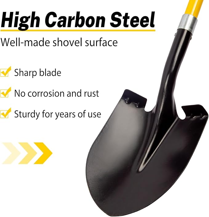 VNIMTI Heavy Duty Gardening Shovel, 56 Inch Round Blade with Fiberglass Handle (Yellow)