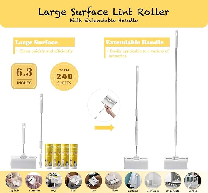 Large Surface Lint Roller with Extendable Long Handle Dust-Proof Cover 6.3'' Wider 240 Sheets, Long Handle Sticky Mop for Cleaning Furniture Carpet Floor Curtains and Pet Hair