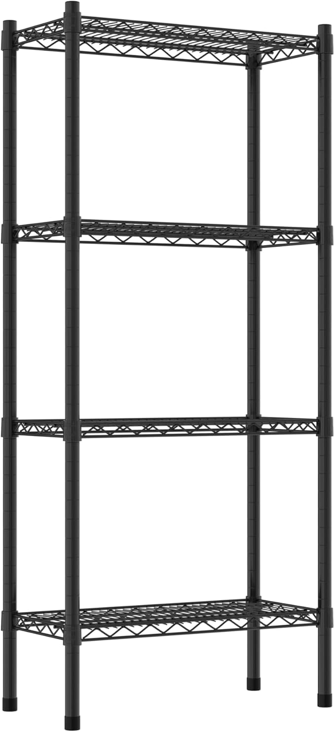Commercial NSF Listed Black Epoxy Stationary Wire Shelving Kit 12" x 24" x 54", with 4 Shelves Perfect for Warehouse, Walk-in Refrigerator, Freezer, Grocery Store, Restaurant, Dishroom