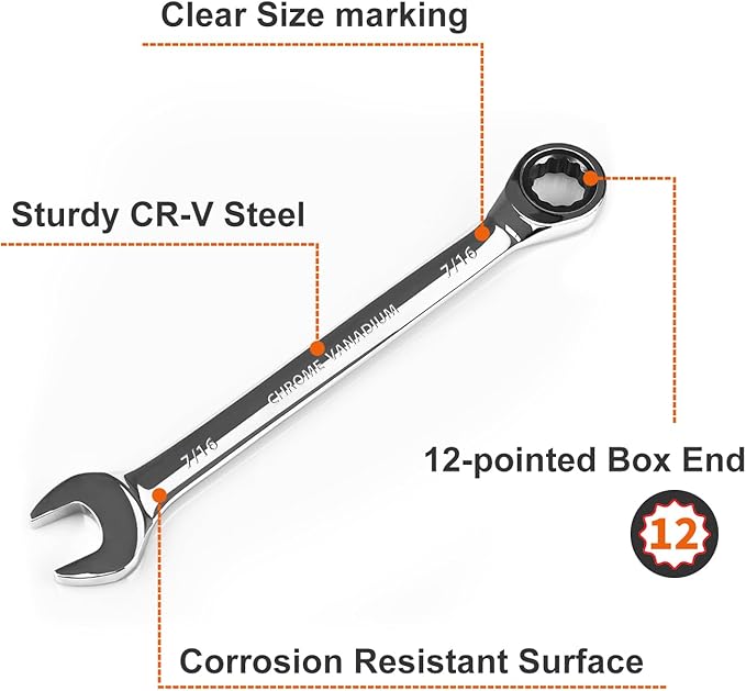 Egofine 7/16 inch Ratcheting Combination Wrench SAE, Industrial Grade Gear Spanner with 12-Point Design, 72-Tooth Ratchet, Chrome Vanadium Steel
