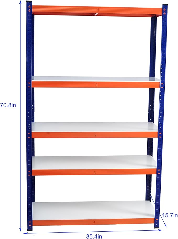 Heavy Duty Storage Shelving Unit, 5-Tier Metal Rack, Blue and Orange Iron Frame, 70.8x35.4x15.7 Inches, Multipurpose Organization for Garage, Kitchen, Office