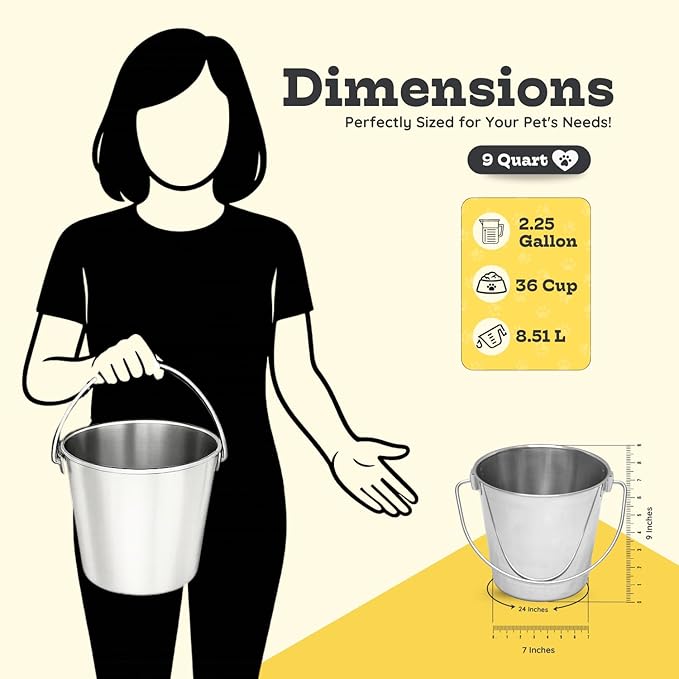 9 quart Heavy Duty Stainless Steel Round Bucket with Handle | 2.25 gal Sturdy Food & Water Bowl for XL Dog Goat sheep Horse & Livestock | Fits kennel Crate Farm | Hanging Utility Pet Pail