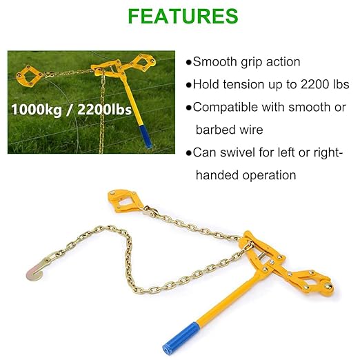 Nisorpa Fence Stretcher Tensioner Chain Strainer Heavy Duty Fence Puller Energiser Repair Tool for Cattle Barn Farm Fencing Repair Plain & Barbed Wire Stretcher Tool 47.25'' Chain Capacity 2200lbs