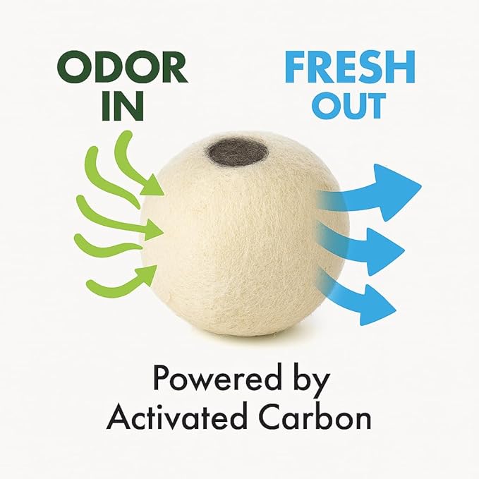 XL Wool Dryer Balls (3-Pack) with Activated Carbon – Odor Eliminating & Fragrance-Free Laundry Deodorizer, Natural Fabric Softener Alternative, Reusable Eco-Friendly Dryer Balls