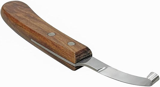 Equine Care Left-Handed Hoof Knife – Razor Sharp Short J2 Steel Blade, Professional Farrier Tool for Horse Hoof Trimming, Goats, Sheep & Livestock | Ergonomic, Rust-Resistant Wooden Handle.