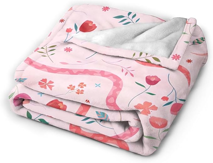 Cute Snake Reptile Blanket Ultra Soft Cozy Pink Flower Snake Throw Blanket Fleece Fuzzy Plush Bedding Blanket Real Snake Lovers Gifts for Women Girls Kids Adults Couch Sofa 50"x40"