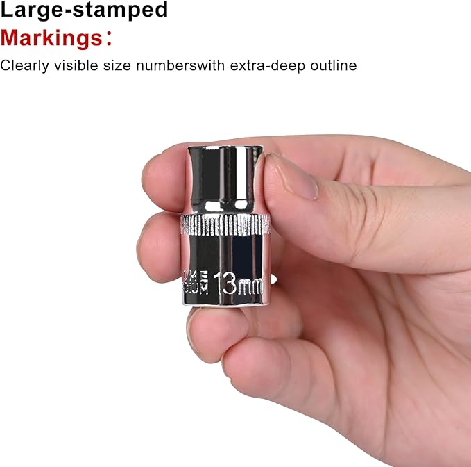 Egofine 10PCS 1/2” Drive Standard Socket Set,Shallow and Metric Socket Set（10mm-21mm,6 Point,With Hanging Bracket,Cr-V Steel