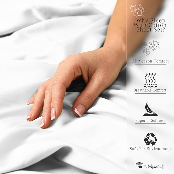 URBANHUT 1000 Thread Count Egyptian Cotton Sheets Full Size, Long Staple Soft & Breathable, 4 Pc Bed Sheet Sets, Luxury Hotel Sateen Sheets Fits 16" Deep Pocket - White