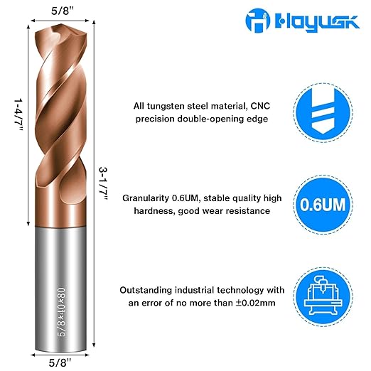 Solid Carbide 5/8" Drill Bits, Tungsten Carbide Drill Bit Set with TISIN Coated, Metal Drill Bit Set for Stainless Steel Hardened Steel Cast Iron Alloy Copper, 1 Pcs