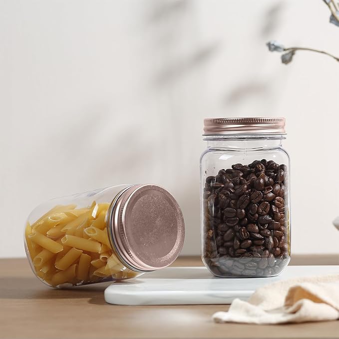 novelinks 16 oz Clear Plastic Jars with Screw-On Lids - BPA-Free Refillable Storage Containers for Slime, Food, Crafts, Kitchen & Household Use (20 Pack,Rose Gold)