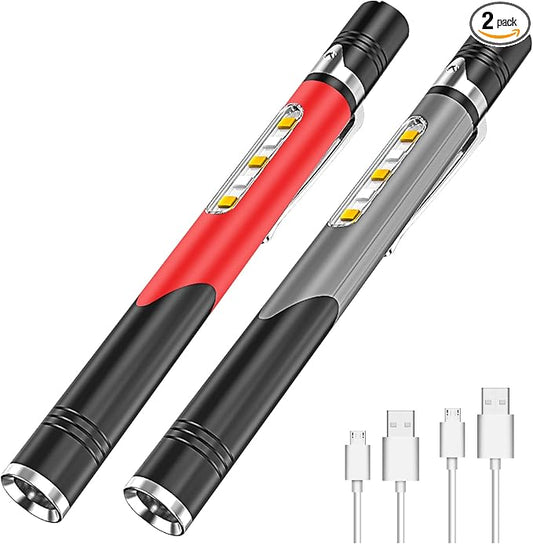 Pen Lights 2 Pack - Ultra Compact EDC Flashlight with White/Red/Yellow Light & Side Light, USB Rechargeable LED Pocket Flashlight for Outdoor Work, Emergency, Repair Tools