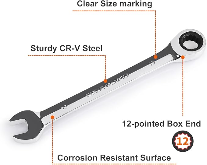 Egofine 13mm Ratcheting Combination Wrench Metric, Industrial Grade Gear Spanner with 12-Point Design, 72-Tooth Ratchet, Chrome Vanadium Steel