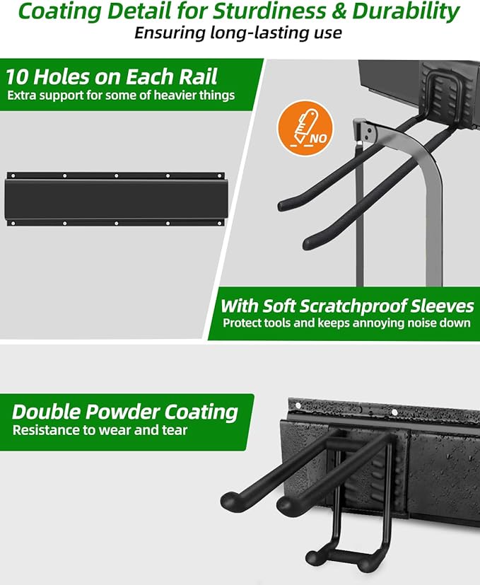 Garden Tool Organizer 48 in with 18 Garage Hooks, Heavy Duty Garage Wall Hooks for Hanging Ladder, Bike, Tool Storage Rack for Yard Tools, Shovel, Shed (23 Pack)