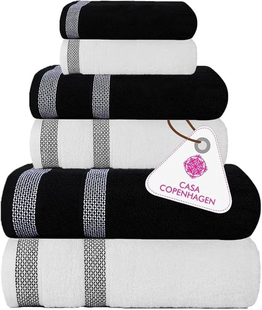 CASA COPENHAGEN Solitaire Mix 6 Pieces Towel Set- White + Jet Black, 600 GSM 2Bath Towel 2Hand Towel 2Washcloth, Designed in Denmark Made of Soft Egyptian Cotton for Bathroom, Kitchen & Shower