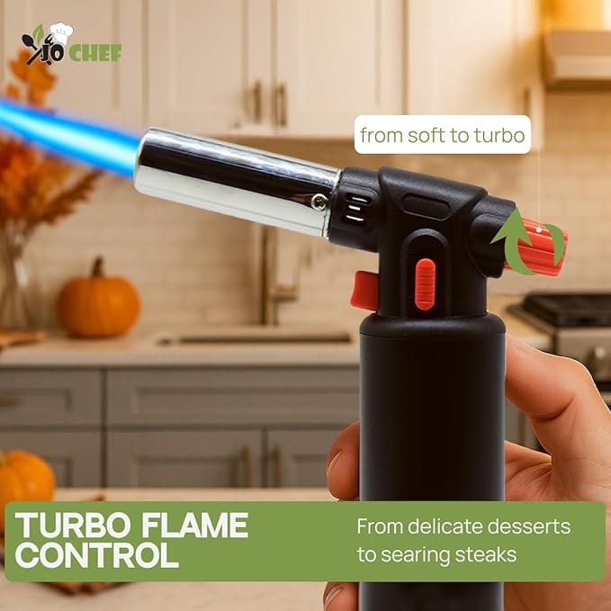 Jo Chef Kitchen Torch with Butane Included – Refillable butane torch Lighter with Safety Lock & Adjustable Flame, Culinary Blow Torch for Cooking, Creme Brulee 2 Cans (3.38oz) Included Black