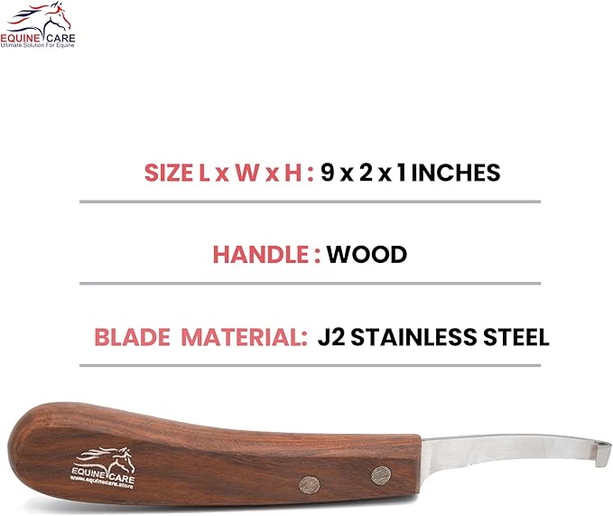 Equine Care Left-Handed Hoof Knife – Razor Sharp Short J2 Steel Blade, Professional Farrier Tool for Horse Hoof Trimming, Goats, Sheep & Livestock | Ergonomic, Rust-Resistant Wooden Handle.