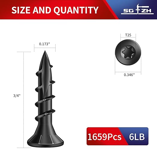 #8 x 3/4" Deck Screws (1659Pcs) 6lb. Carbon Steel, Black, Flat Head, Rust Resistant epoxy Coated, with T25 Star Bit