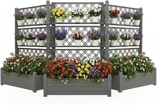 5.3' Tall Raised Garden Bed with Trellis, Outdoor Resin Plant Stand Planter Box with Drainage Plug for Veg/Fruits/Herb/Flower Best Choice for Backyard, Patio, Balcony (Coffee, 3 Pack)
