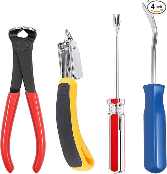 4 Pcs Staple and Nail Puller Tool Kit Set - Professional Upholstery Staple Remover, Tack Lifter, Nail Puller Pliers & Fastener Remover for Wood, Furniture, Flooring, Walls, Cars & Photo Frames
