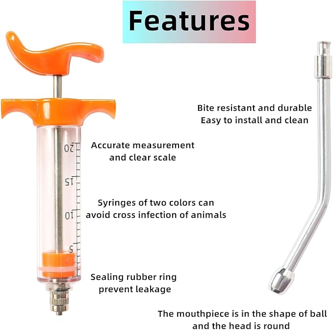 2 Pcs Goats Feed water filler, Drench Nozzle, Reusable, Adjustable Dosage, for Cattle, Sheep, Goats, Horse, Pig, Dog Supplies (Blue+Orange 20ml)