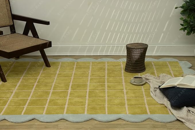 Checkered Wool Area Rug with Scalloped Border, Chartreuse Green & Cream Grid, Hand-Tufted, Soft Cut Pile, Modern Cottagecore Living Room, Bedroom & Nursery Carpet - 7x7 Ft (Round)