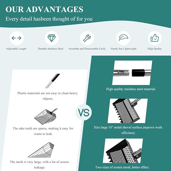 Chicken Poop Scooper and Rake 2-in-1 12” Wide Metal Coop Scoop for Sand Sifting Shovel with 22" to 62” Adjustable Stainless Steel Handle Cleaning Tools for Chicken Coops & Farm Animals Scoop