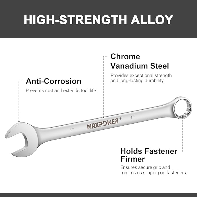 MAXPOWER 1 Inch Combination Wrench, Industrial Grade Spanners with 12 Point Box End, Durable Chrome Vanadium Steel with Off Corners Design, 15 Degree Offset - SAE