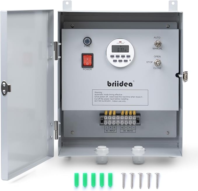 Briidea Greenhouse Roll Up Motor Timer Controller, 7-Day Programmable, AC110V to DC24V Transformer, Auto/Manual Modes, Dual Output for Side & Roof Curtain Film Roll-Up, IP65 Waterproof