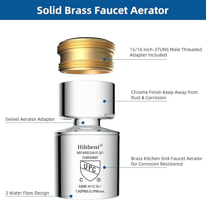 Hibbent NSF/ANSI/CAN 61 Certified Faucet Aerator, CUPC Certification 360° Swivel Kitchen Sink Aerator, Dual-function Sprayer Faucet Head, Faucet Replacement Part 55/64 Inch Female Thread - Chrome