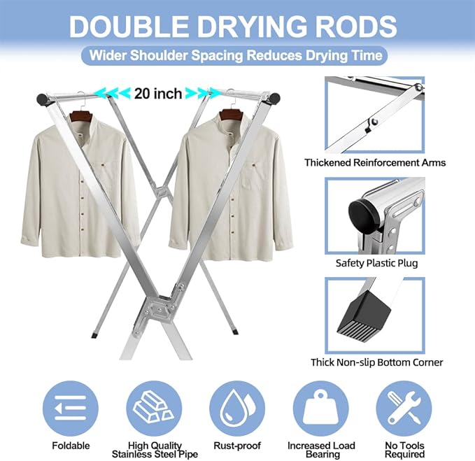 79in Premium Stainless Steel Clothes Drying Racks, Foldable and Adjustable Laundry Drying Rack Clothing for Indoor Outdoor