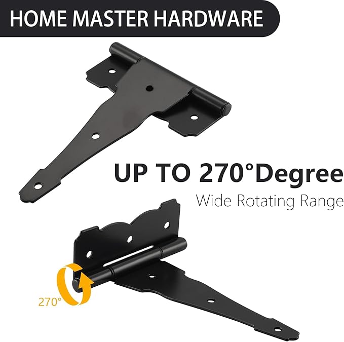 HOME MASTER HARDWARE 8 in Heavy Duty Decorative T Strap Hinge Shed Storage Gate Barns Tee Hinges with Screws Black Finish 6 Pack