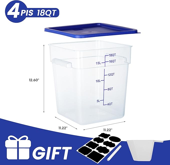 4 Pack Food Storage Containers, 18 Quart Square Commercial Food Containers with Lids, NSF, Polycarbonate, Clear